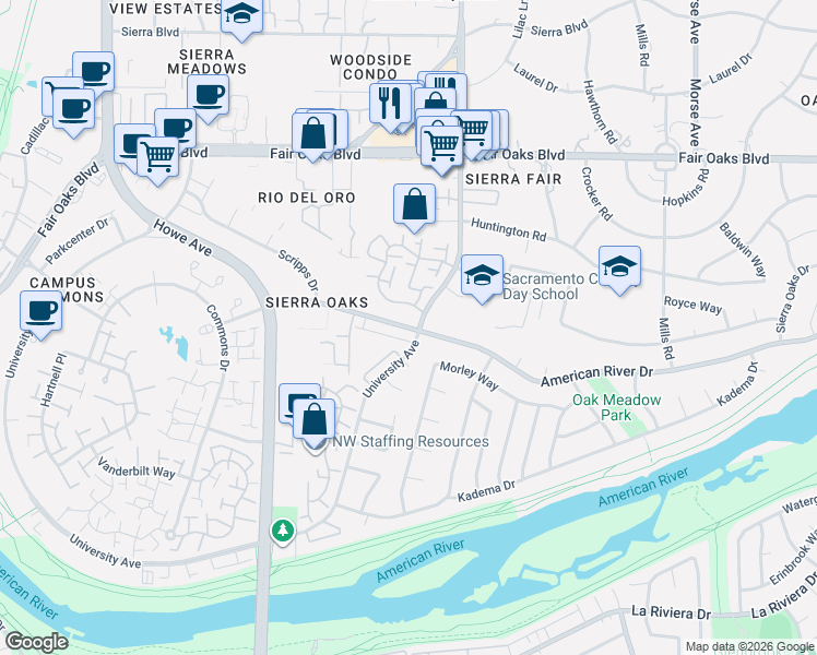 map of restaurants, bars, coffee shops, grocery stores, and more near 3500 American River Drive in Sacramento