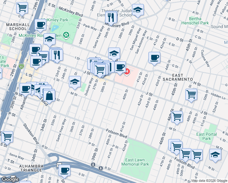 map of restaurants, bars, coffee shops, grocery stores, and more near in Sacramento