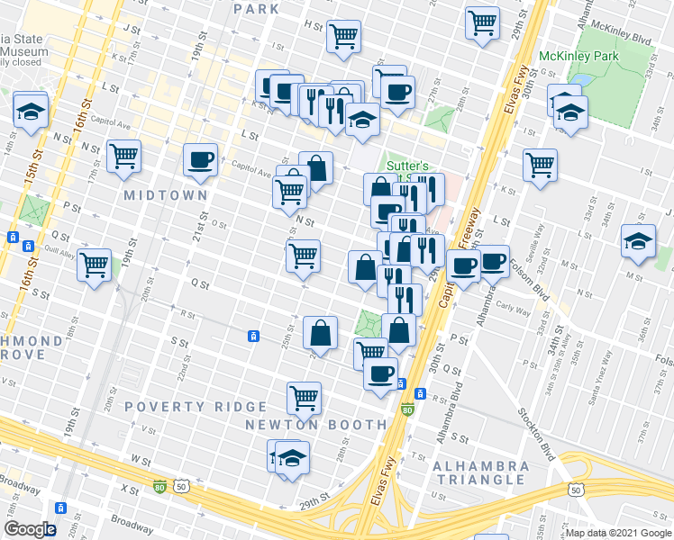 map of restaurants, bars, coffee shops, grocery stores, and more near 2521 O Street in Sacramento