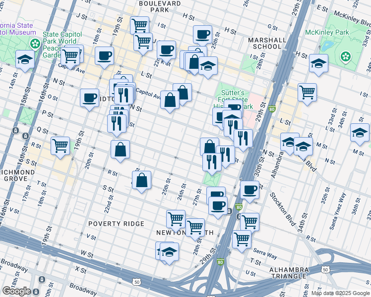 map of restaurants, bars, coffee shops, grocery stores, and more near 2430 O Street in Sacramento