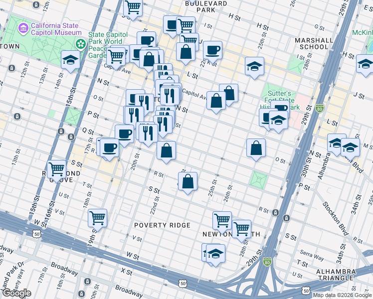 map of restaurants, bars, coffee shops, grocery stores, and more near 1520 23rd Street in Sacramento
