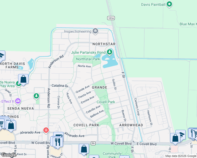 map of restaurants, bars, coffee shops, grocery stores, and more near 215 Inca Place in Davis