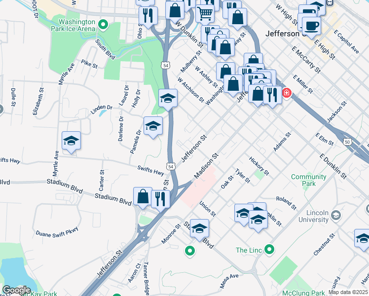 map of restaurants, bars, coffee shops, grocery stores, and more near 140-198 W Franklin St in Jefferson City