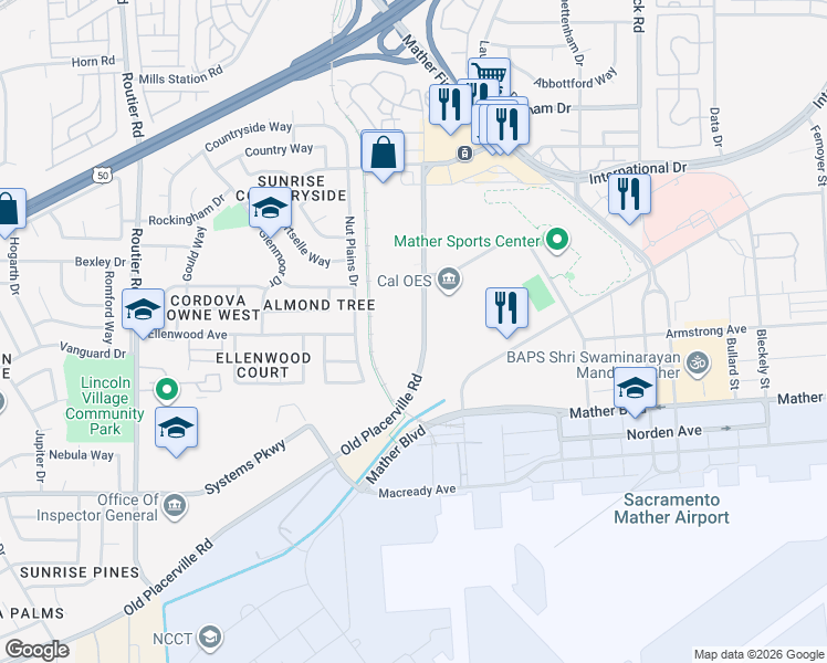 map of restaurants, bars, coffee shops, grocery stores, and more near 10400-10442 Old Placerville Road in Sacramento