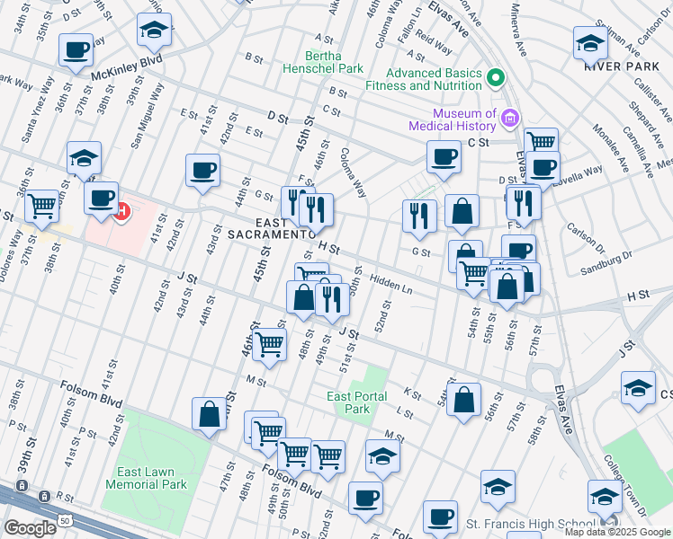 map of restaurants, bars, coffee shops, grocery stores, and more near 4746 H Street in Sacramento