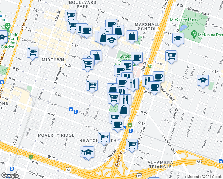 map of restaurants, bars, coffee shops, grocery stores, and more near 2621 O Street in Sacramento
