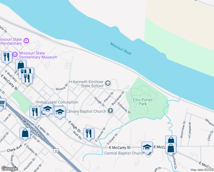 map of restaurants, bars, coffee shops, grocery stores, and more near 1403 Riverside Drive in Jefferson City