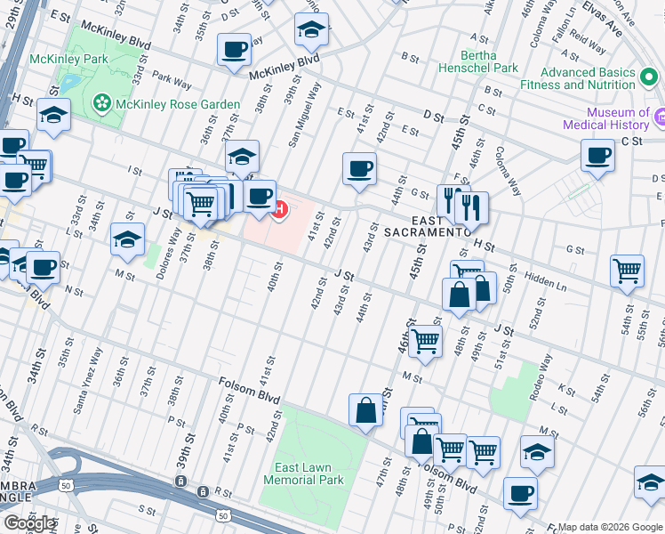 map of restaurants, bars, coffee shops, grocery stores, and more near 941 42nd Street in Sacramento