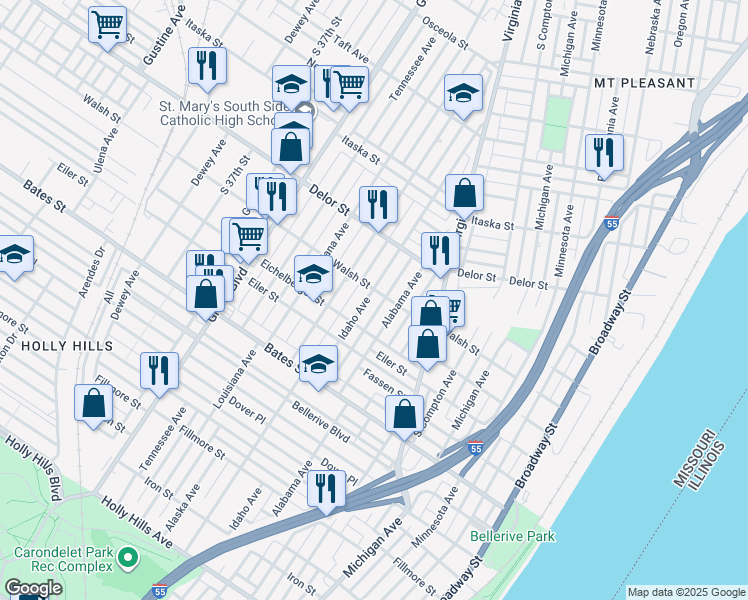 map of restaurants, bars, coffee shops, grocery stores, and more near 5206 Idaho Avenue in St. Louis