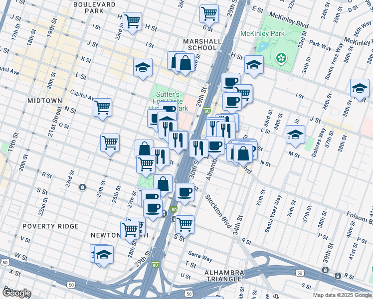 map of restaurants, bars, coffee shops, grocery stores, and more near N Street in Sacramento
