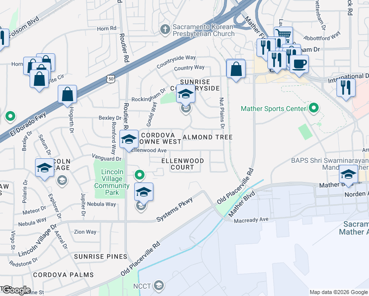 map of restaurants, bars, coffee shops, grocery stores, and more near 10210 Sunol Way in Sacramento