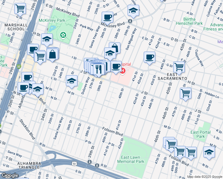 map of restaurants, bars, coffee shops, grocery stores, and more near 1040 39th Street in Sacramento