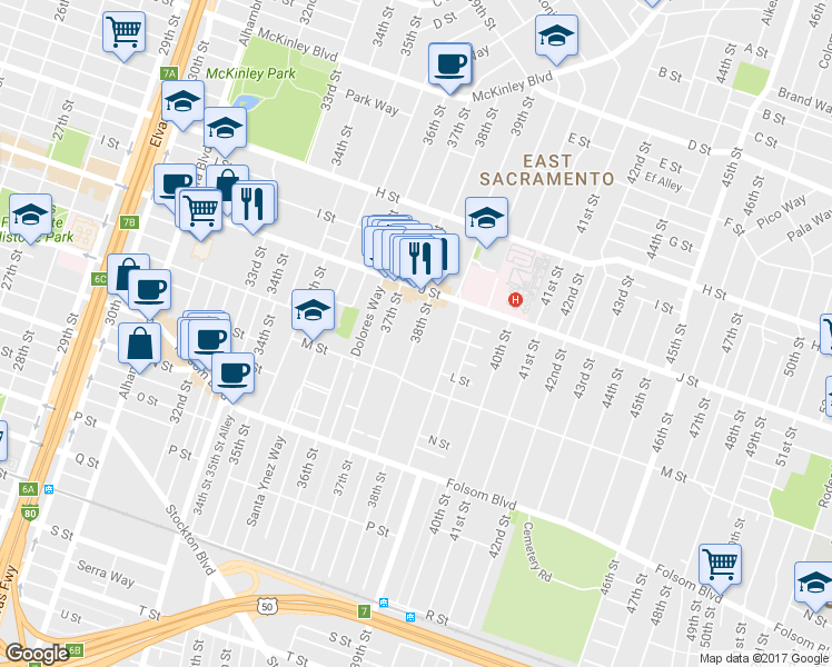 map of restaurants, bars, coffee shops, grocery stores, and more near 1112 38th Street in Sacramento