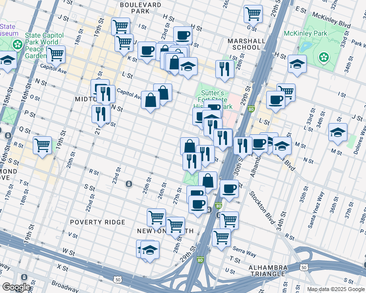 map of restaurants, bars, coffee shops, grocery stores, and more near 2521 O Street in Sacramento