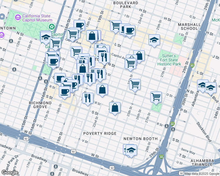 map of restaurants, bars, coffee shops, grocery stores, and more near in Sacramento
