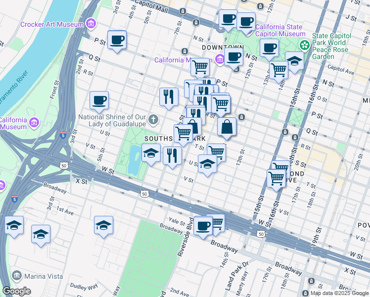 map of restaurants, bars, coffee shops, grocery stores, and more near 927 T Street in Sacramento