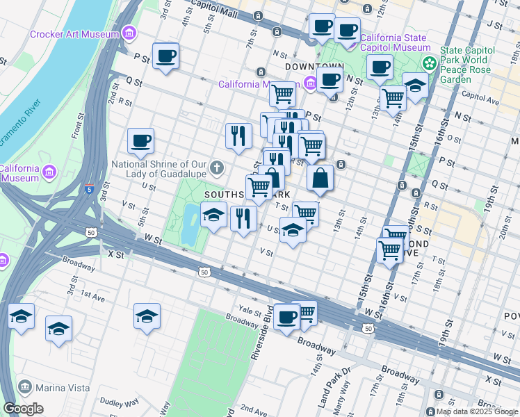 map of restaurants, bars, coffee shops, grocery stores, and more near 927 T Street in Sacramento