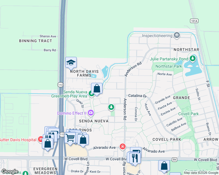 map of restaurants, bars, coffee shops, grocery stores, and more near 826 Kestrel Place in Davis