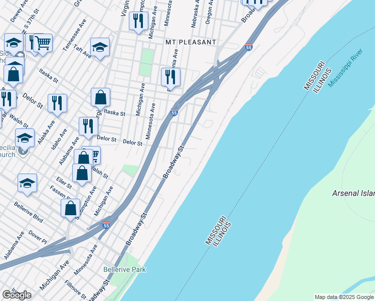map of restaurants, bars, coffee shops, grocery stores, and more near 4751 South Broadway in St. Louis