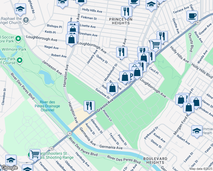 map of restaurants, bars, coffee shops, grocery stores, and more near 4968 Nagel Avenue in St. Louis