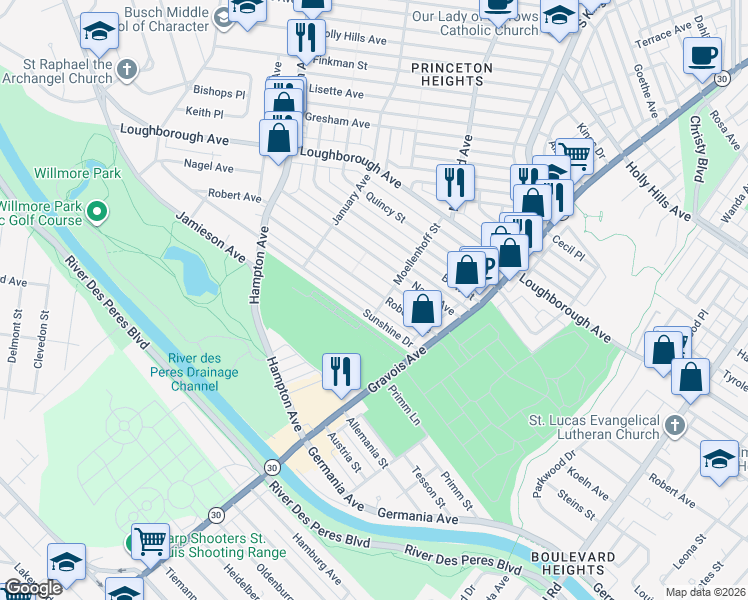 map of restaurants, bars, coffee shops, grocery stores, and more near 5215 Robert Avenue in St. Louis