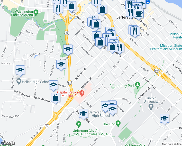 map of restaurants, bars, coffee shops, grocery stores, and more near 927 Jefferson Street in Jefferson City