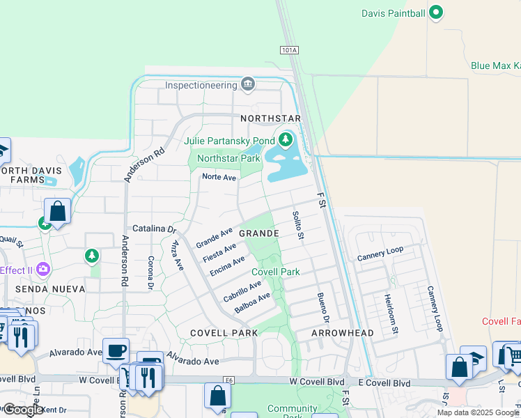 map of restaurants, bars, coffee shops, grocery stores, and more near 245 Grande Avenue in Davis
