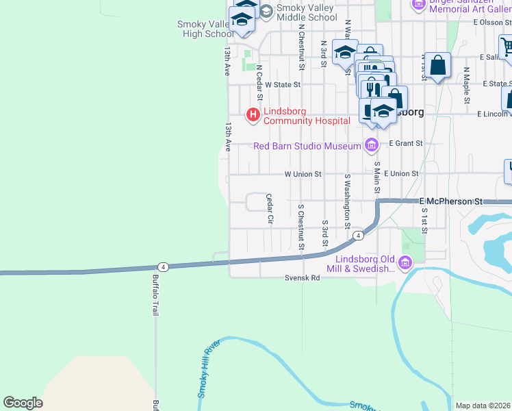 map of restaurants, bars, coffee shops, grocery stores, and more near 400-416 Cedar Circle in Lindsborg