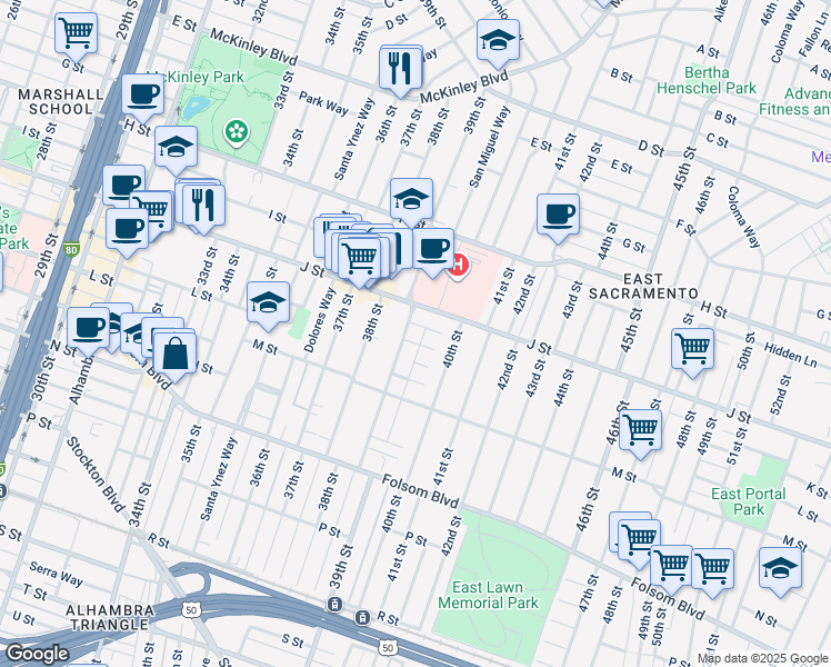map of restaurants, bars, coffee shops, grocery stores, and more near 1040 39th Street in Sacramento