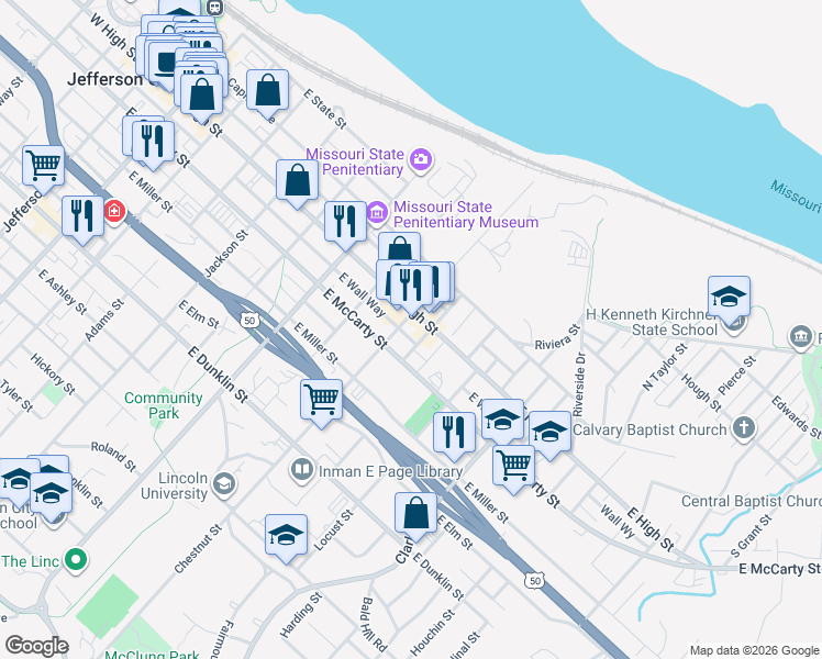 map of restaurants, bars, coffee shops, grocery stores, and more near 904 East High Street in Jefferson City
