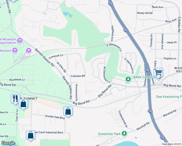map of restaurants, bars, coffee shops, grocery stores, and more near 57 Wildwood Lane in St. Louis