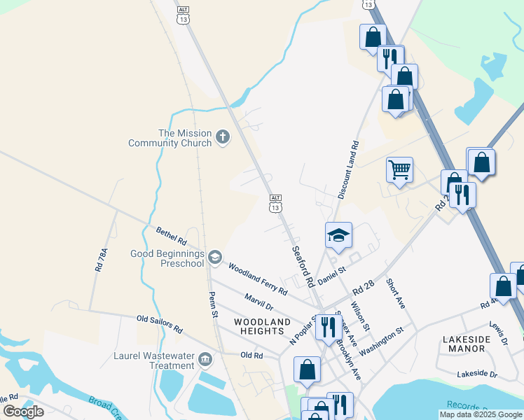 map of restaurants, bars, coffee shops, grocery stores, and more near 30294 Seaford Road in Laurel