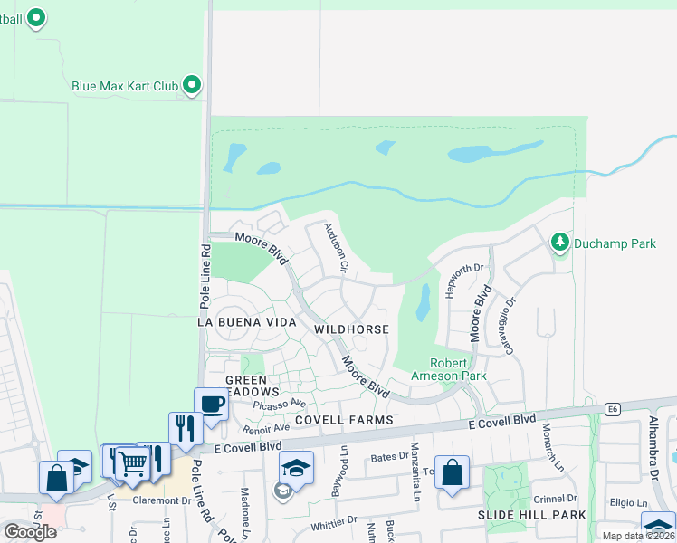 map of restaurants, bars, coffee shops, grocery stores, and more near 2818 Audubon Circle in Davis