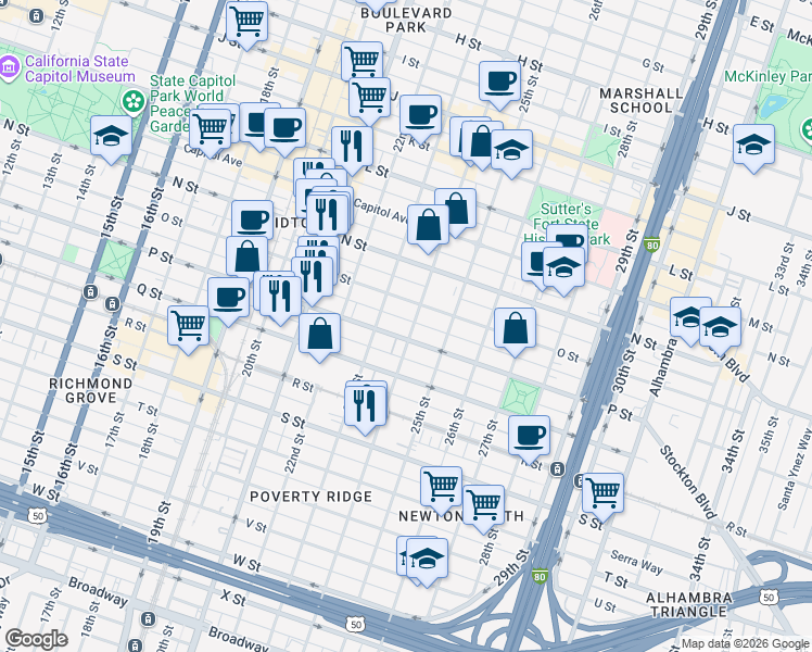 map of restaurants, bars, coffee shops, grocery stores, and more near 1512 24th Street in Sacramento
