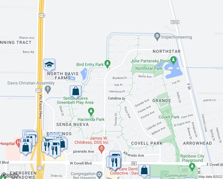 map of restaurants, bars, coffee shops, grocery stores, and more near 628 Isla Place in Davis