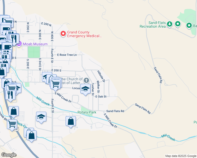 map of restaurants, bars, coffee shops, grocery stores, and more near 283 Walker Street in Moab