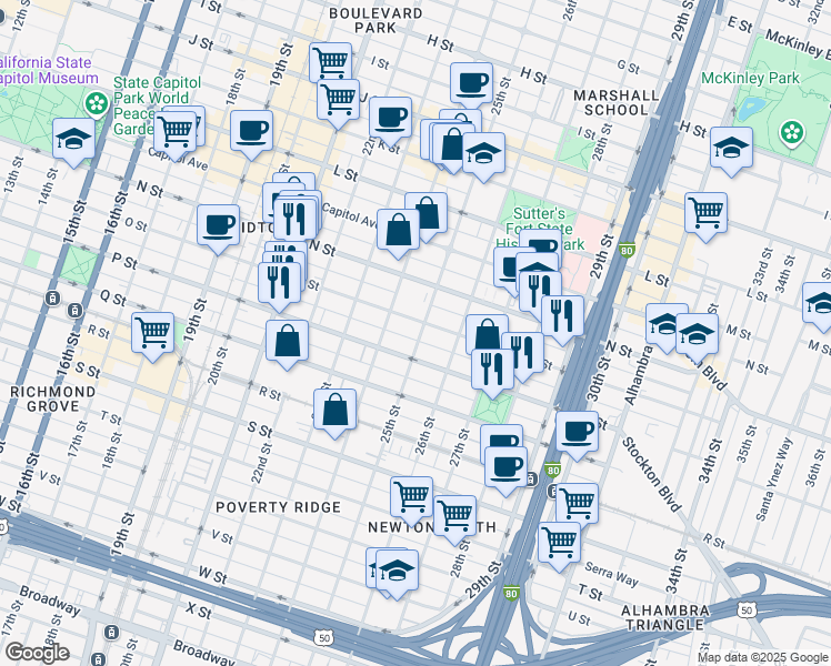 map of restaurants, bars, coffee shops, grocery stores, and more near 2430 O Street in Sacramento