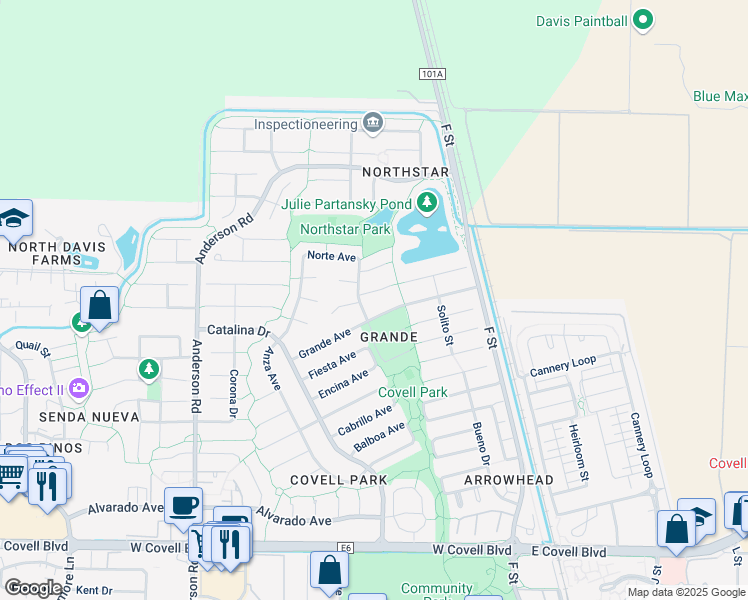 map of restaurants, bars, coffee shops, grocery stores, and more near 215 Inca Place in Davis