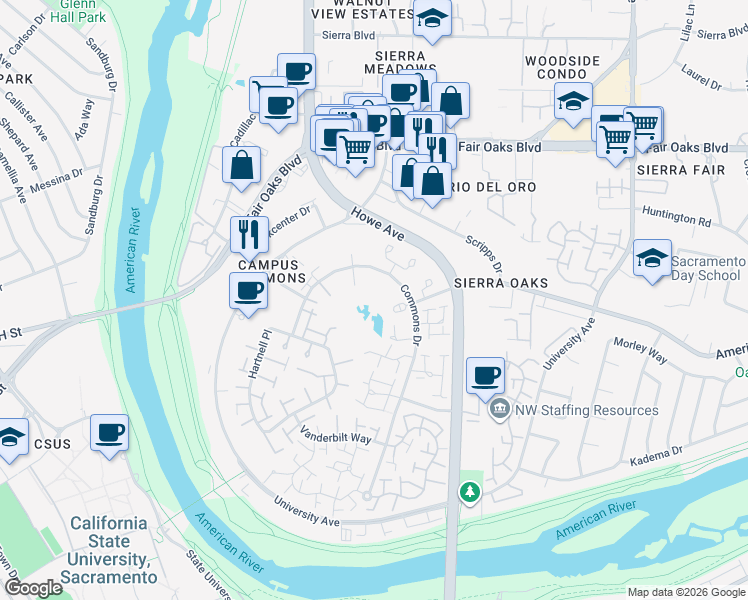 map of restaurants, bars, coffee shops, grocery stores, and more near 826 Commons Drive in Sacramento