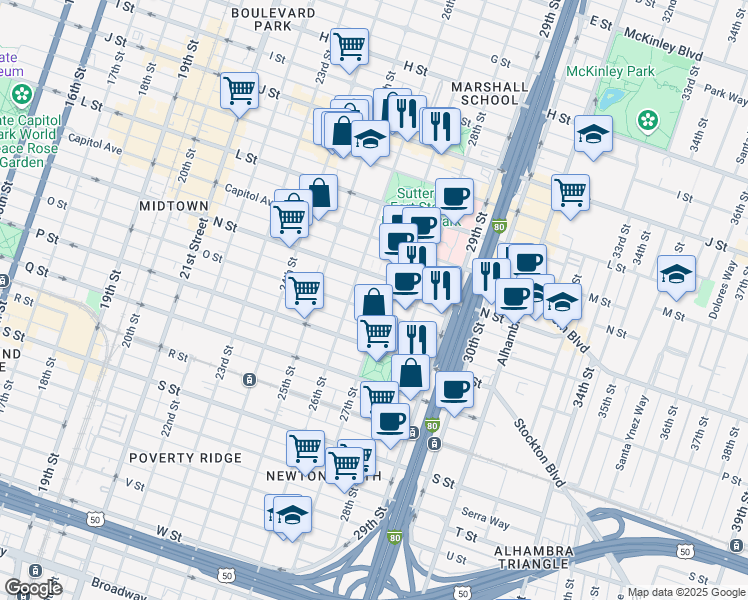 map of restaurants, bars, coffee shops, grocery stores, and more near 2620 N Street in Sacramento