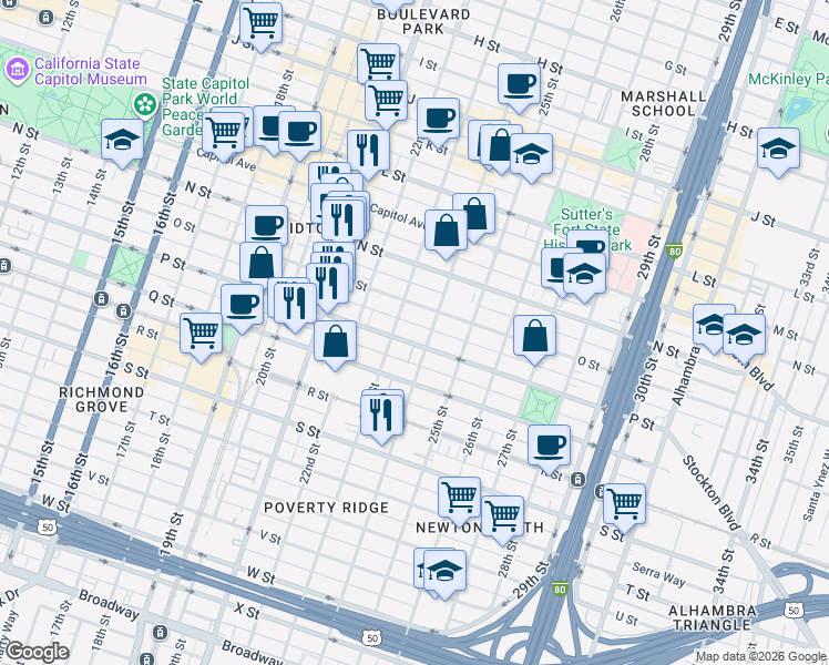 map of restaurants, bars, coffee shops, grocery stores, and more near 1512 24th Street in Sacramento