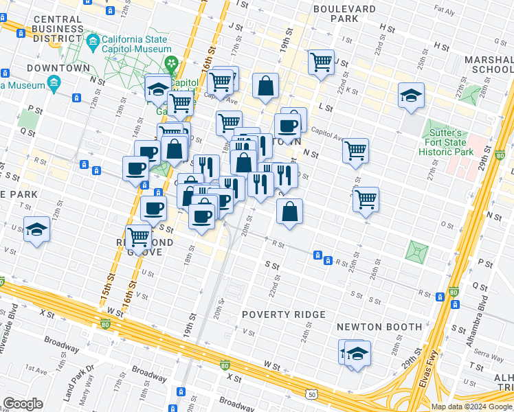 map of restaurants, bars, coffee shops, grocery stores, and more near 1620 20th Street in Sacramento