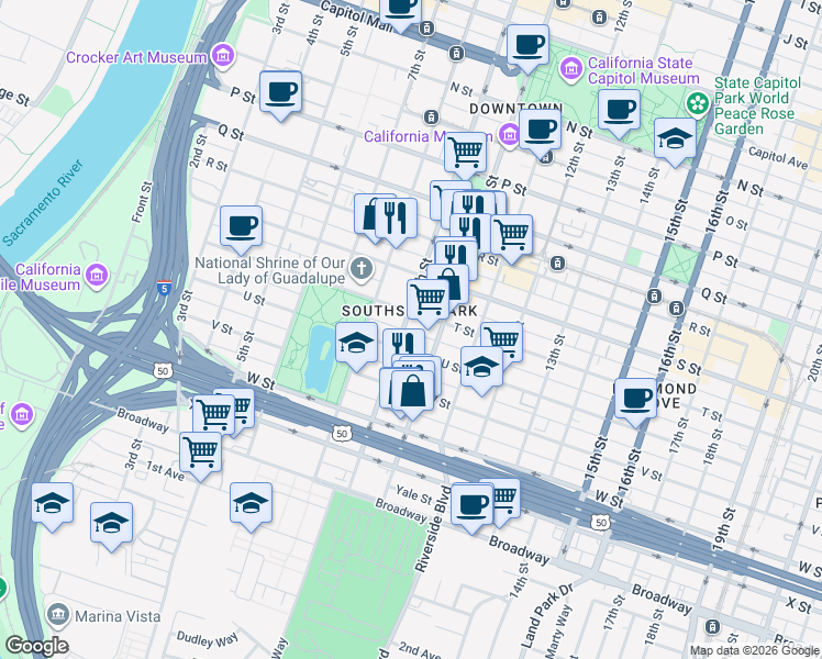 map of restaurants, bars, coffee shops, grocery stores, and more near in Sacramento