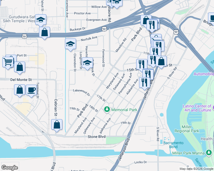 map of restaurants, bars, coffee shops, grocery stores, and more near in West Sacramento