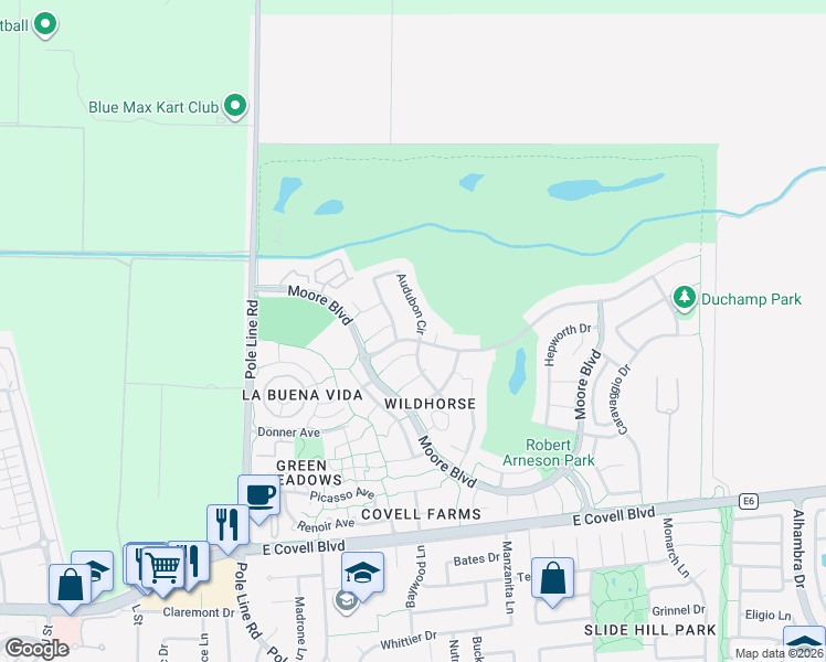 map of restaurants, bars, coffee shops, grocery stores, and more near 2818 Audubon Circle in Davis