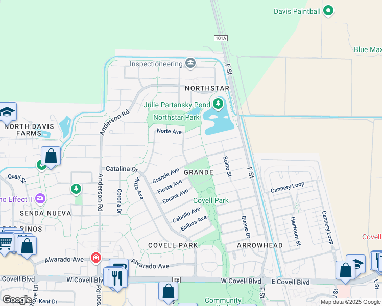 map of restaurants, bars, coffee shops, grocery stores, and more near 215 Inca Place in Davis