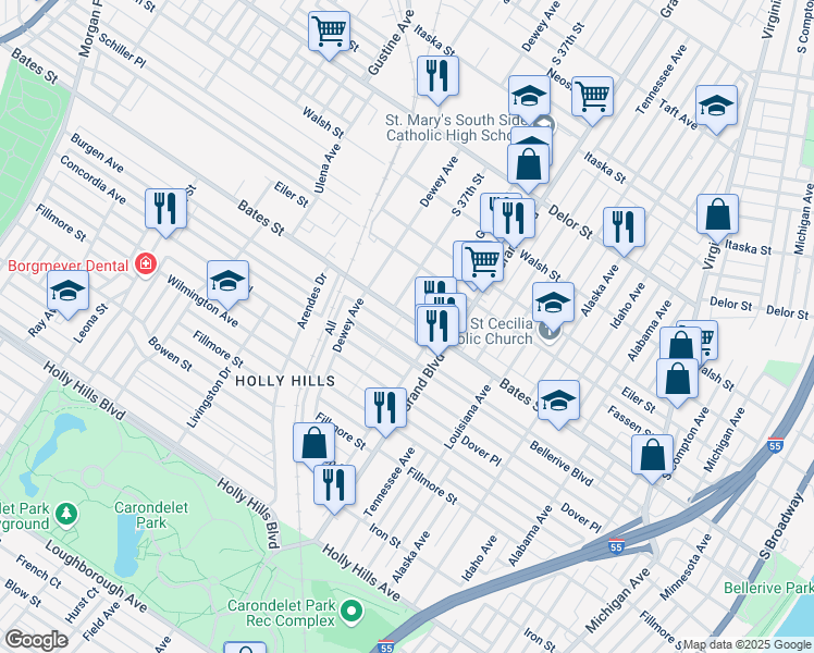 map of restaurants, bars, coffee shops, grocery stores, and more near 3660 Bates Street in St. Louis