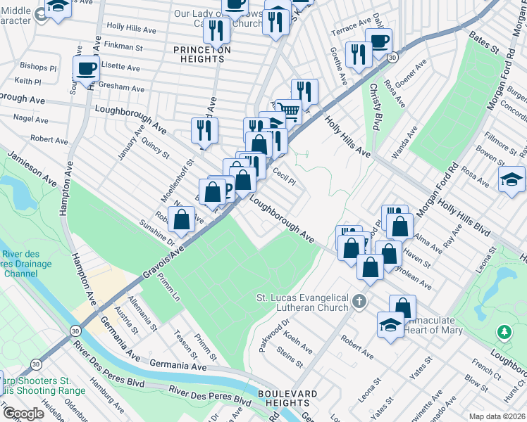 map of restaurants, bars, coffee shops, grocery stores, and more near 4629 Loughborough Avenue in St. Louis