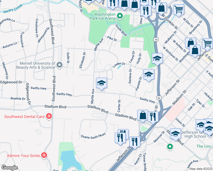 map of restaurants, bars, coffee shops, grocery stores, and more near 1100-1198 Linden Court in Jefferson City