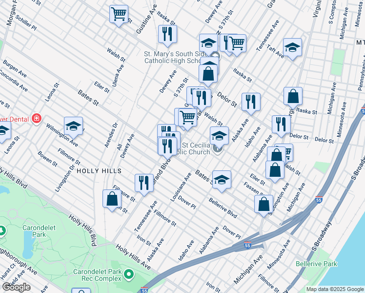 map of restaurants, bars, coffee shops, grocery stores, and more near 5510 South Grand Boulevard in St. Louis